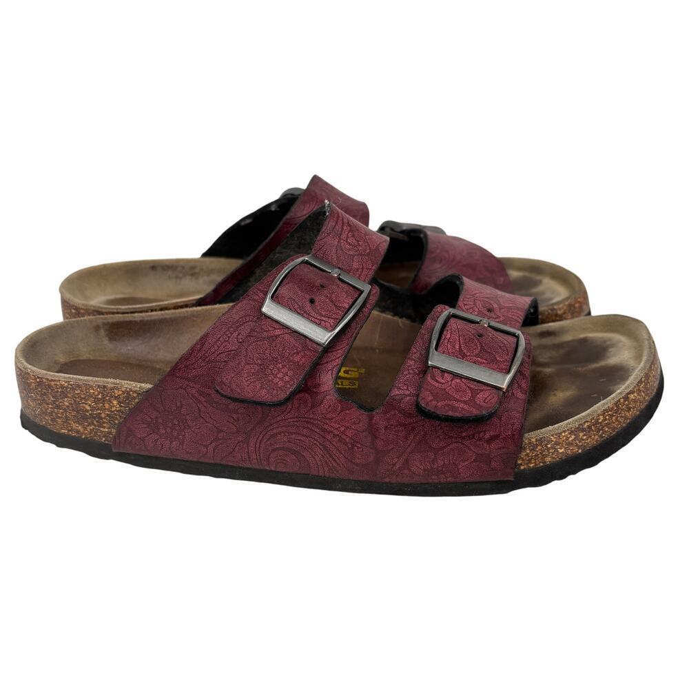 Viking Slide Sandals EU 39 Red Leather Floral Embossed Cork Footbed Adjustable‎